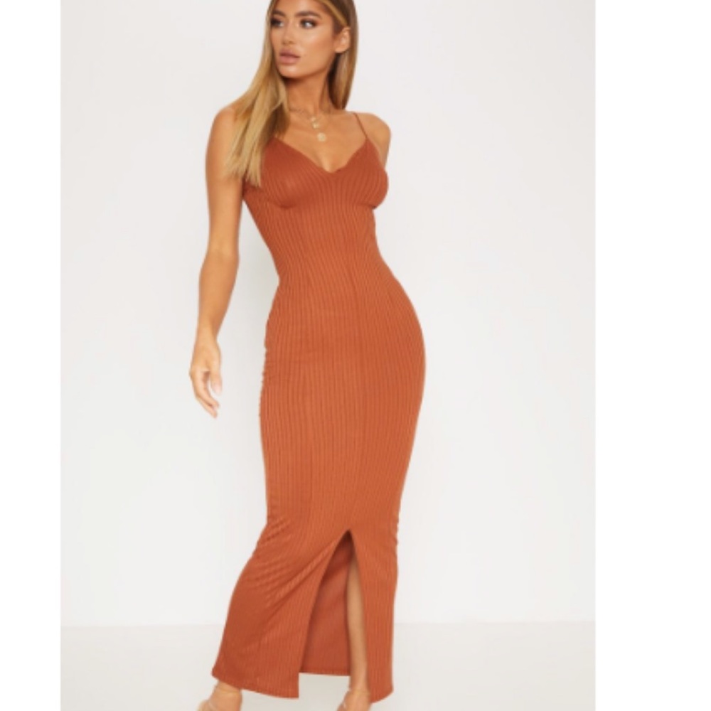 Ribbed Strappy Plunge Ribbed Midaxi Dress